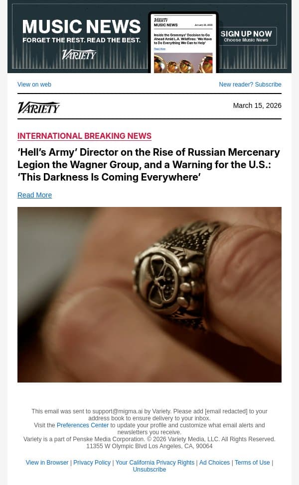 ‘Hell’s Army’ Director on the Rise of Russian Mercenary Legion the Wagner Group, and a Warning for the U.S.: ‘This Darkness Is Coming Everywhere’ email from Variety screenshot