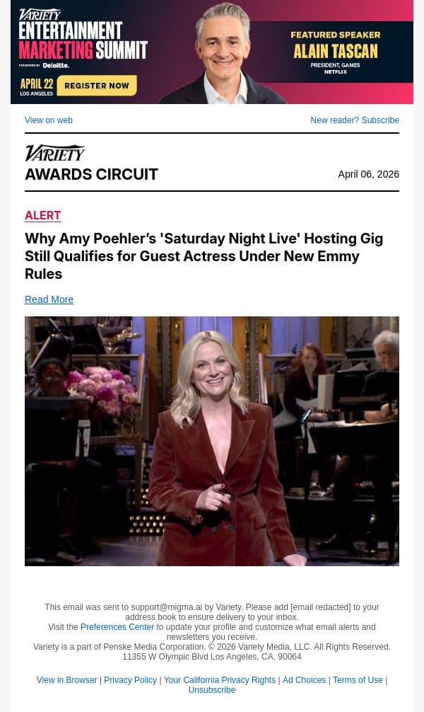 Why Amy Poehler’s 'Saturday Night Live' Hosting Gig Still Qualifies for Guest Actress Under New Emmy Rules email from Variety screenshot