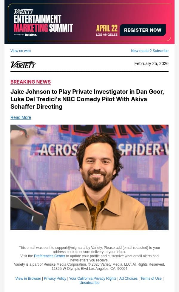 Jake Johnson to Play Private Investigator in Dan Goor, Luke Del Tredici's NBC Comedy Pilot With Akiva Schaffer Directing email from Variety screenshot