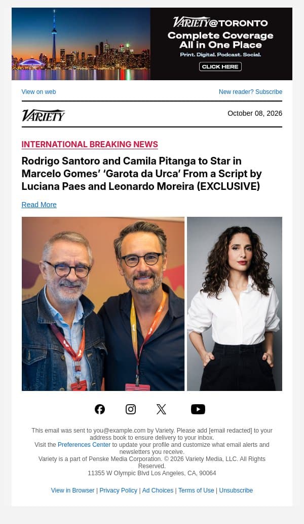 Rodrigo Santoro and Camila Pitanga to Star in Marcelo Gomes’ ‘Garota da Urca’ From a Script by Luciana Paes and Leonardo Moreira (EXCLUSIVE) email from Variety screenshot