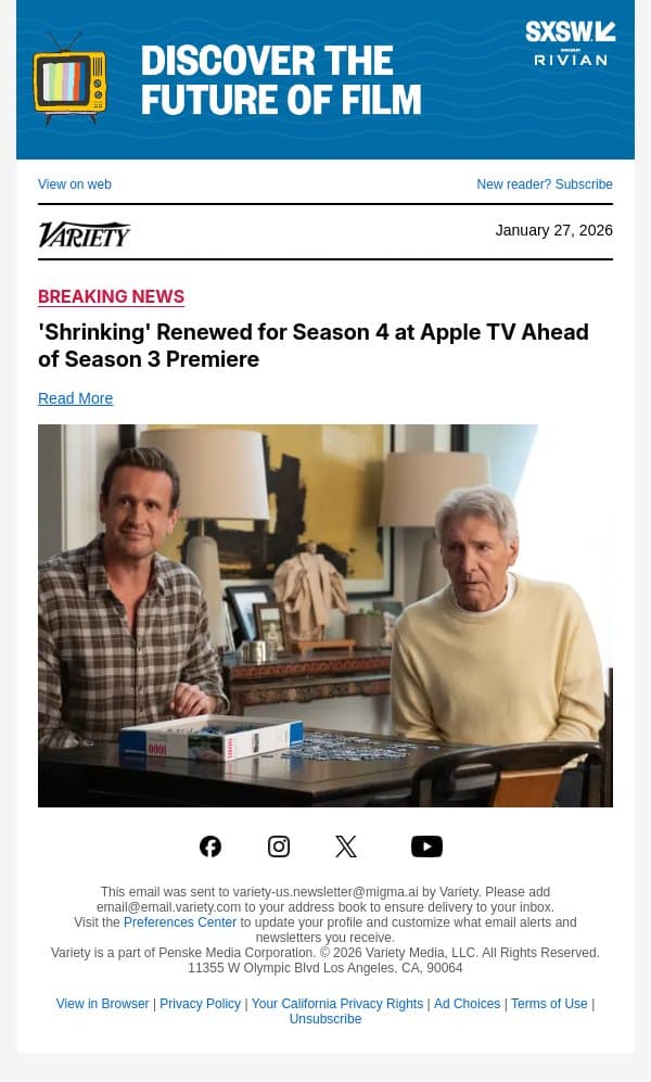 'Shrinking' Renewed for Season 4 at Apple TV Ahead of Season 3 Premiere email from Variety screenshot