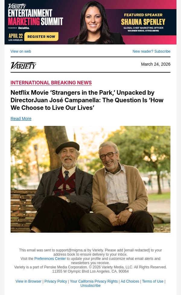 Netflix Movie ‘Strangers in the Park,’ Unpacked by DirectorJuan José Campanella: The Question Is ‘How We Choose to Live Our Lives’ email from Variety screenshot