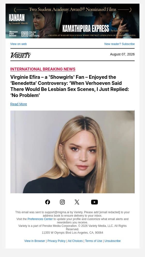 Virginie Efira – a 'Showgirls' Fan – Enjoyed the ‘Benedetta’ Controversy: ‘When Verhoeven Said There Would Be Lesbian Sex Scenes, I Just Replied: ‘No Problem’ email from Variety screenshot