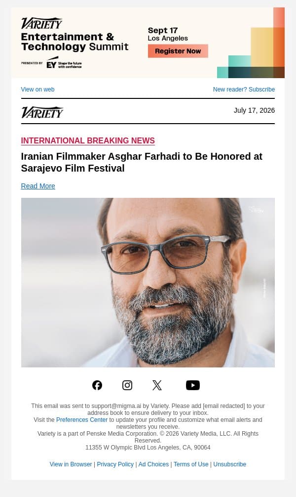 Iranian Filmmaker Asghar Farhadi to Be Honored at Sarajevo Film Festival email from Variety screenshot