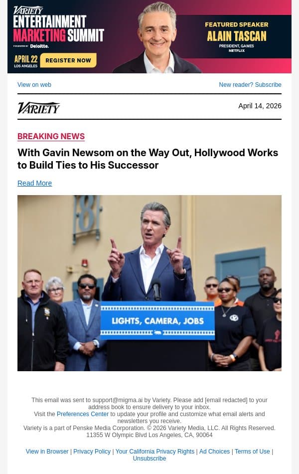 With Gavin Newsom on the Way Out, Hollywood Works to Build Ties to His Successor email from Variety screenshot