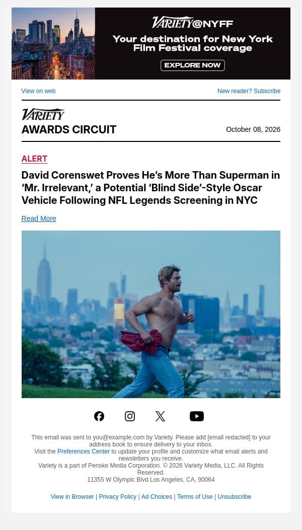 David Corenswet Proves He’s More Than Superman in ‘Mr. Irrelevant,’ a Potential ‘Blind Side’-Style Oscar Vehicle Following NFL Legends Screening in NYC email from Variety screenshot
