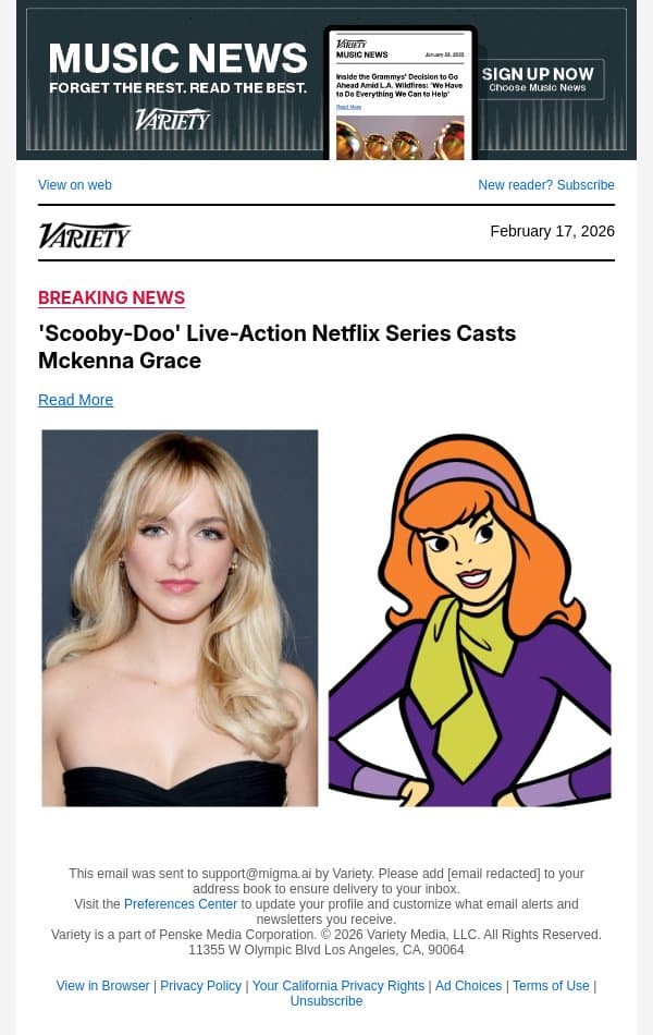 'Scooby-Doo' Live-Action Netflix Series Casts Mckenna Grace email from Variety screenshot