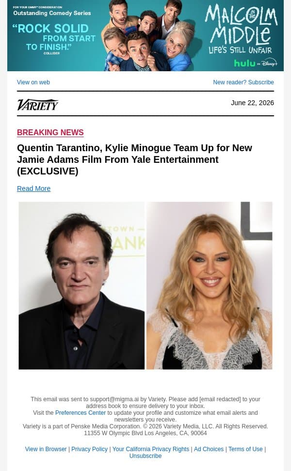 Quentin Tarantino, Kylie Minogue Team Up for New Jamie Adams Film From Yale Entertainment (EXCLUSIVE) email from Variety screenshot