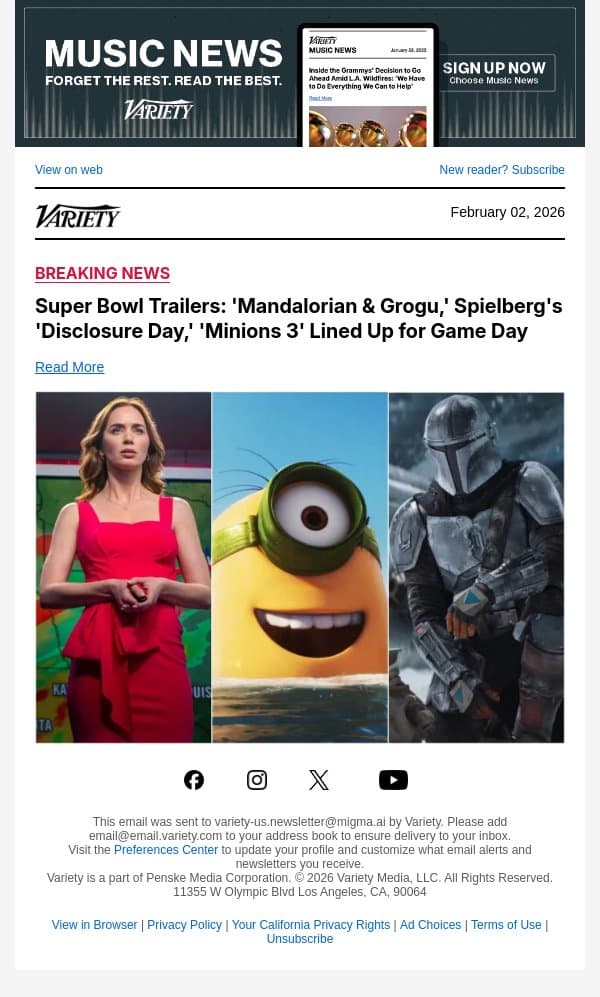 Super Bowl Trailers: 'Mandalorian and Grogu,' Spielberg's 'Disclosure Day,' 'Minions 3' Lined Up for Game Day email from Variety screenshot