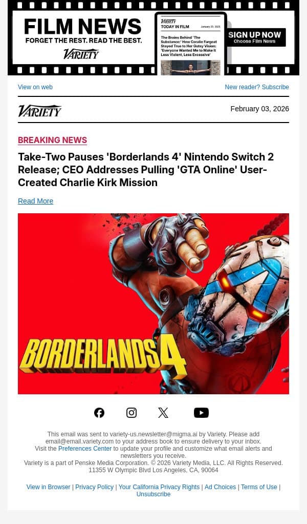Take-Two Pauses 'Borderlands 4' Nintendo Switch 2 Release; CEO Addresses Pulling 'GTA Online' User-Created Charlie Kirk Mission email from Variety screenshot