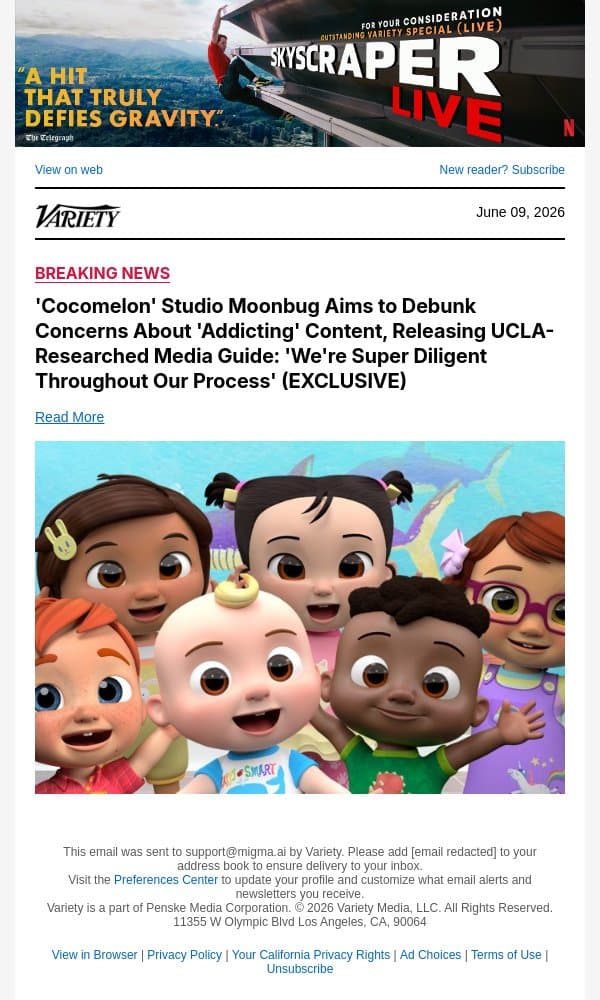 'Cocomelon' Studio Moonbug Aims to Debunk Concerns About 'Addicting' Content, Releasing UCLA-Researched Media Guide: 'We're Super Diligent Throughout Our Process' (EXCLUSIVE) email from Variety screenshot