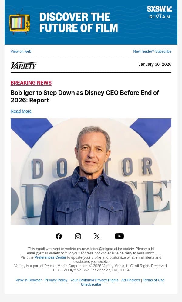 Bob Iger to Step Down as Disney CEO Before End of 2026: Report email from Variety screenshot