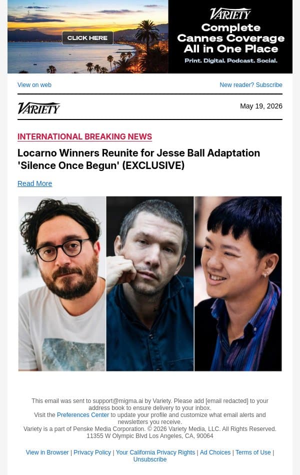 Locarno Winners Reunite for Jesse Ball Adaptation 'Silence Once Begun' (EXCLUSIVE) email from Variety screenshot
