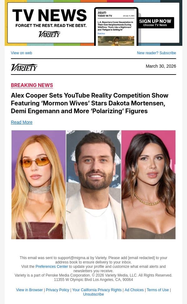 Alex Cooper Sets YouTube Reality Competition Show Featuring ‘Mormon Wives’ Stars Dakota Mortensen, Demi Engemann and More ‘Polarizing’ Figures email from Variety screenshot