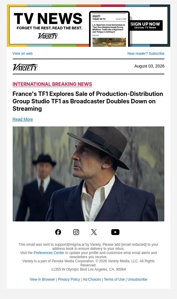France's TF1 Explores Sale of Production-Distribution Group Studio TF1 as Broadcaster Doubles Down on Streaming email from Variety screenshot