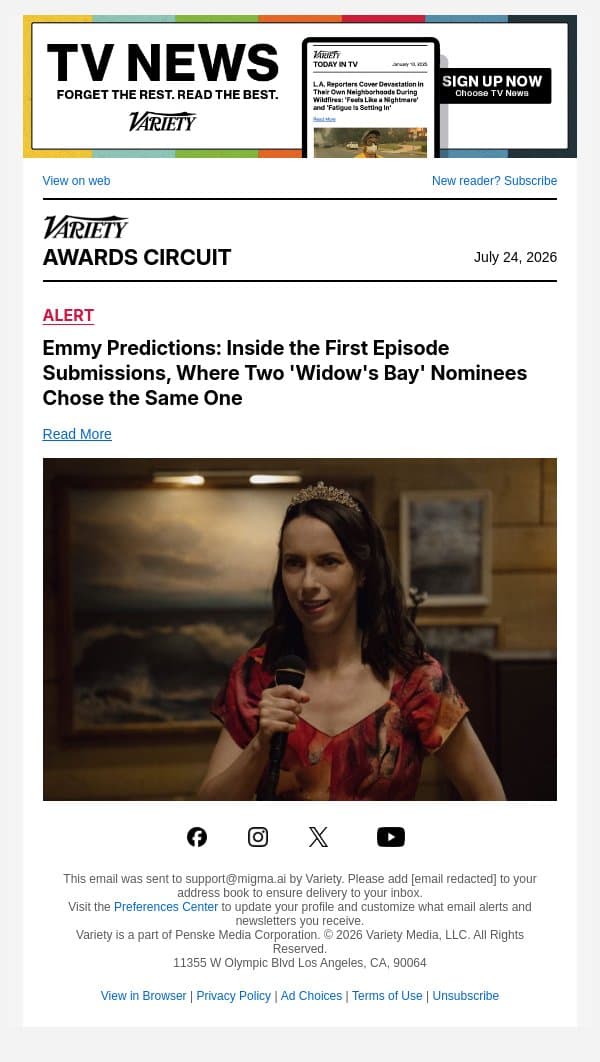 Emmy Predictions: Inside the First Episode Submissions, Where Two 'Widow's Bay' Nominees Chose the Same One email from Variety screenshot