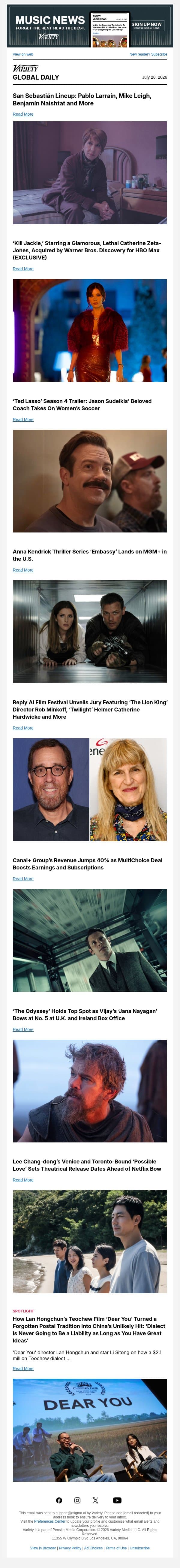 San Sebastian Lineup; 'Kill Jackie' Acquired by HBO Max; 'Ted Lasso' Trailer email from Variety screenshot