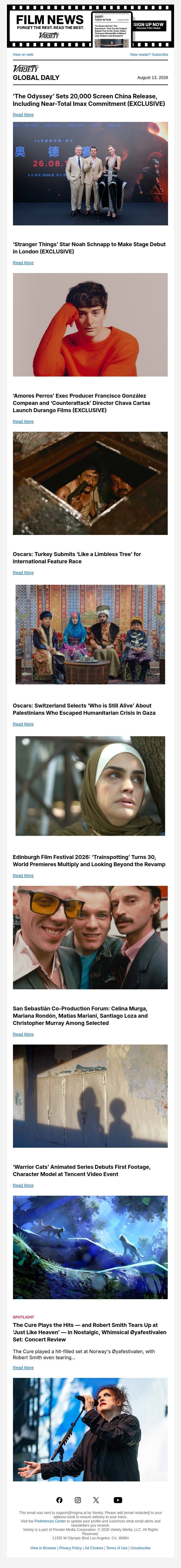 'The Odyssey' China Release; 'Stranger Things' Star's Stage Debut; 'Amores Perros' Producer Launches Shingle email from Variety screenshot