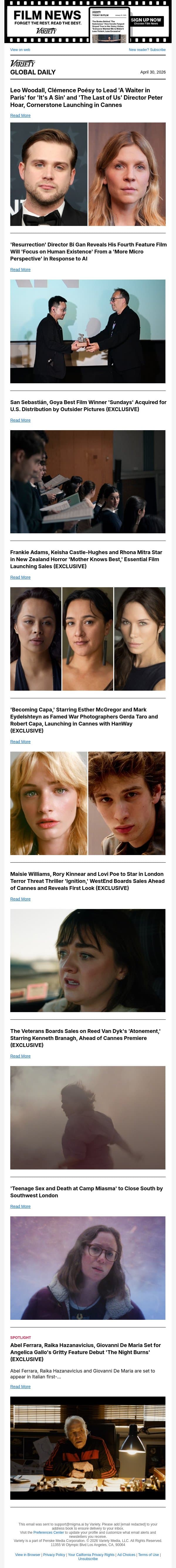 Leo Woodall Leads 'A Waiter in Paris'; Bi Gan's New Film; 'Sundays' Sells to the U.S. email from Variety screenshot