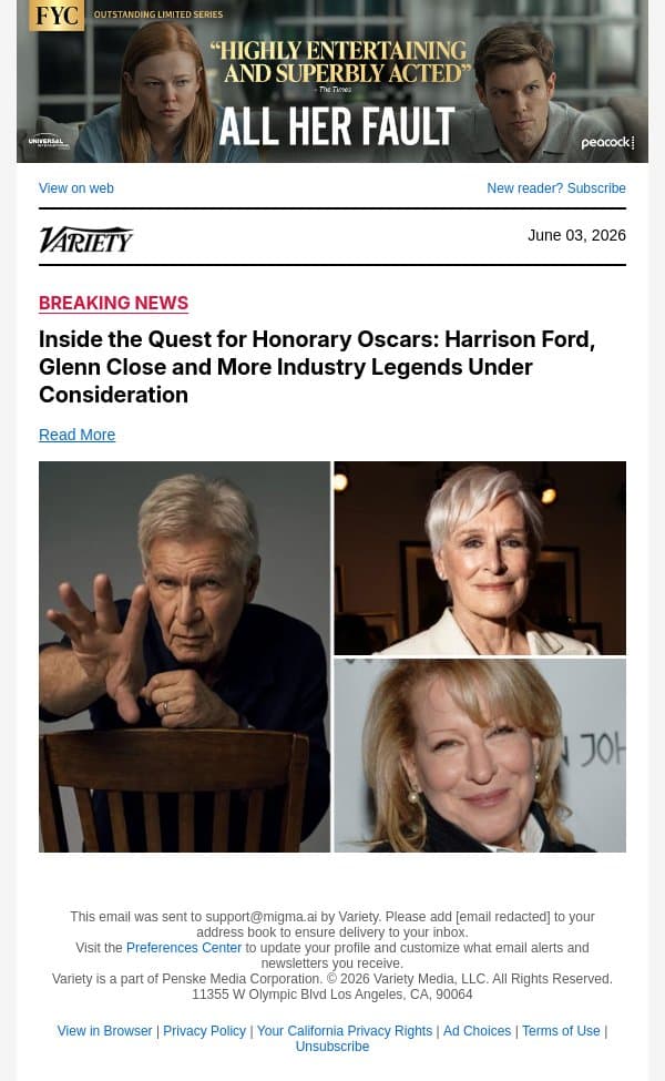 Inside the Quest for Honorary Oscars: Harrison Ford, Glenn Close and More Industry Legends Under Consideration email from Variety screenshot
