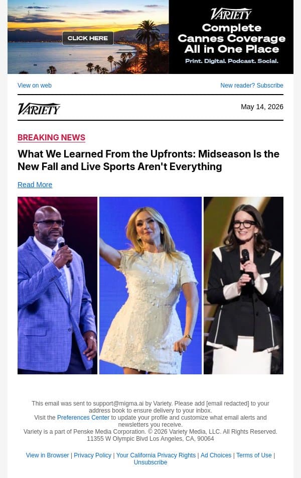 What We Learned From the Upfronts: Midseason Is the New Fall and Live Sports Aren't Everything email from Variety screenshot
