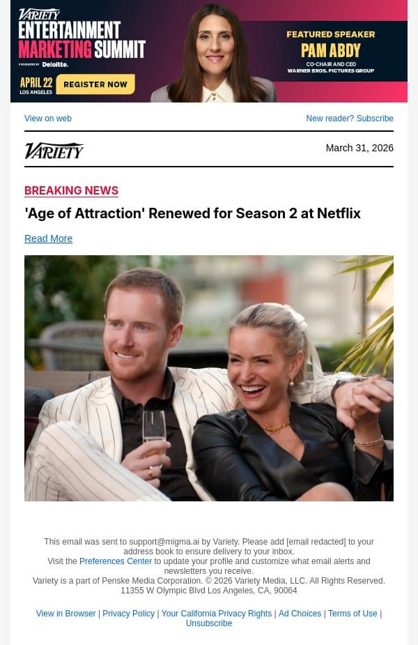 'Age of Attraction' Renewed for Season 2 at Netflix email from Variety screenshot