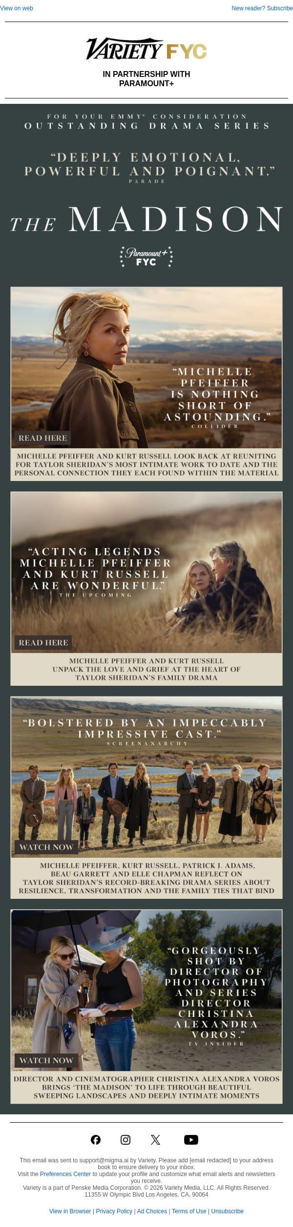 FYC: THE MADISON | Michelle Pfeiffer & Kurt Russell in “a Love Story of Discovery” email from Variety screenshot