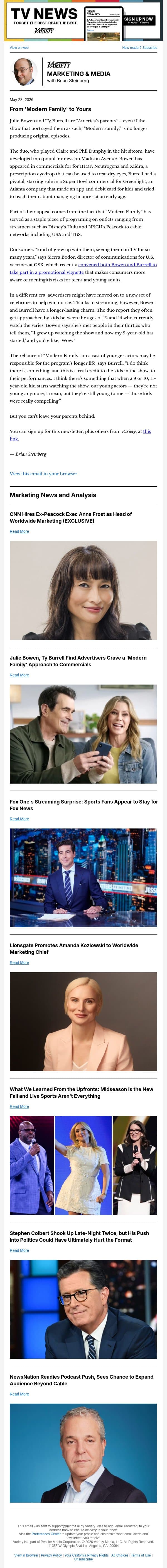 Marketing & Media Newsletter: From 'Modern Family' to Yours; CNN Hires Peacock Marketing Exec; Fox One's Streaming Surprise; The Legacy of Stephen Colbert's Political Push; and More email from Variety screenshot