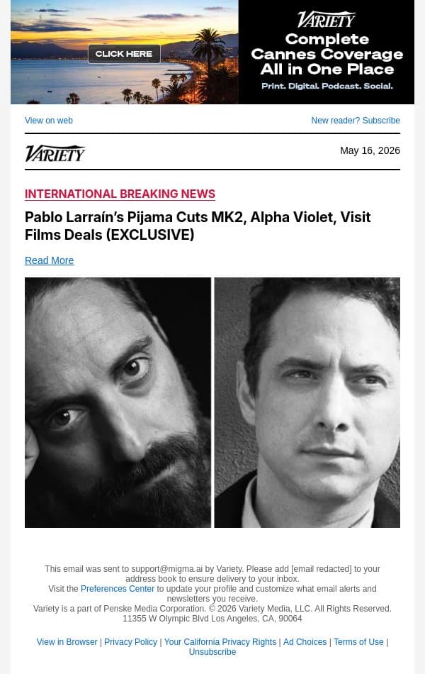 Pablo Larraín’s Pijama Cuts MK2, Alpha Violet, Visit Films Deals (EXCLUSIVE) email from Variety screenshot