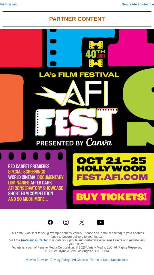 AFI FEST 2026 Is Almost Here — Get Your Tickets! email from Variety screenshot