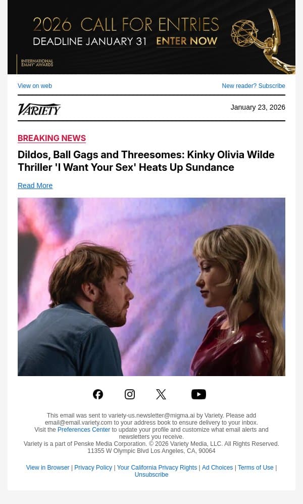 Dildos, Ball Gags and Threesomes: Kinky Olivia Wilde Thriller 'I Want Your Sex' Heats Up Sundance email from Variety screenshot