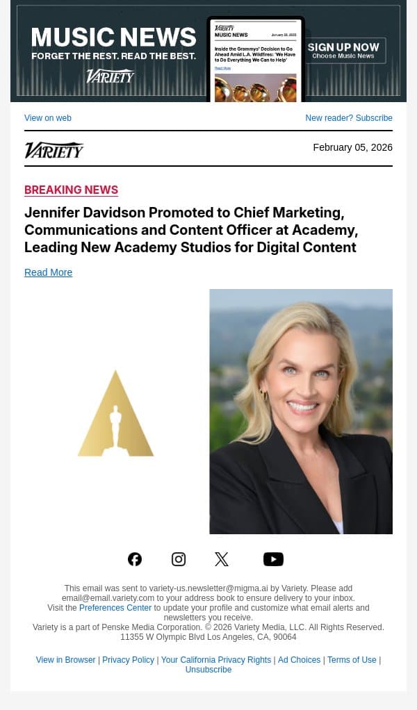 Jennifer Davidson Promoted to Chief Marketing, Communications and Content Officer at Academy, Leading New Academy Studios for Digital Content email from Variety screenshot