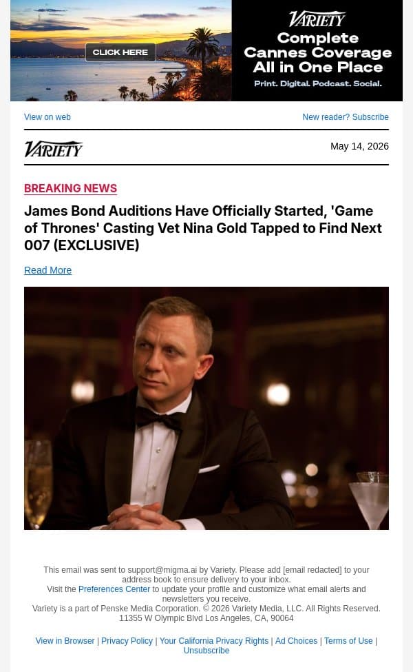 James Bond Auditions Have Officially Started, 'Game of Thrones' Casting Vet Nina Gold Tapped to Find Next 007 (EXCLUSIVE) email from Variety screenshot