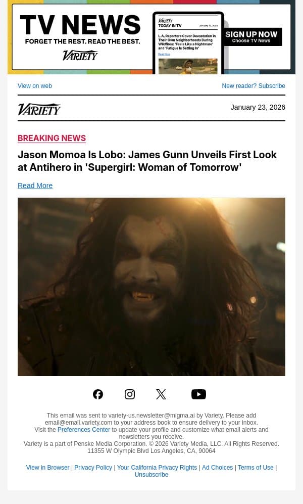 Jason Momoa Is Lobo: James Gunn Unveils First Look at Antihero in 'Supergirl: Woman of Tomorrow' email from Variety screenshot