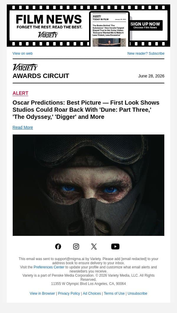 Oscar Predictions: Best Picture — First Look Shows Studios Could Roar Back With 'Dune: Part Three,' 'The Odyssey,' 'Digger' and More email from Variety screenshot