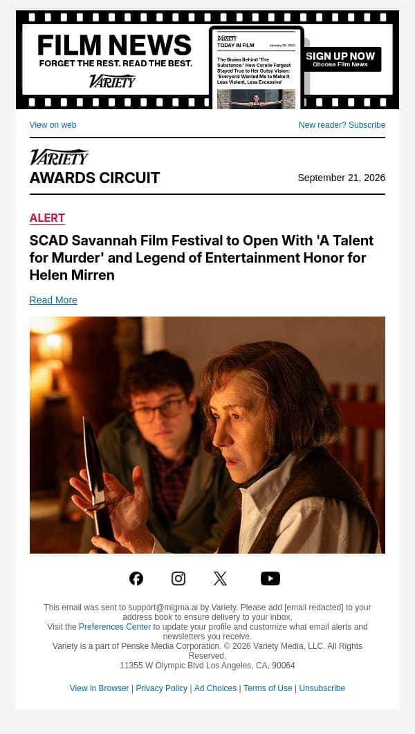 SCAD Savannah Film Festival to Open With 'A Talent for Murder' and Legend of Entertainment Honor for Helen Mirren email from Variety screenshot