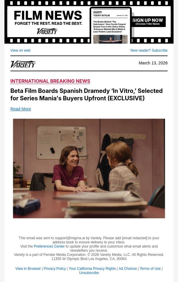 Beta Film Boards Spanish Dramedy ‘In Vitro,’ Selected for Series Mania's Buyers Upfront (EXCLUSIVE) email from Variety screenshot