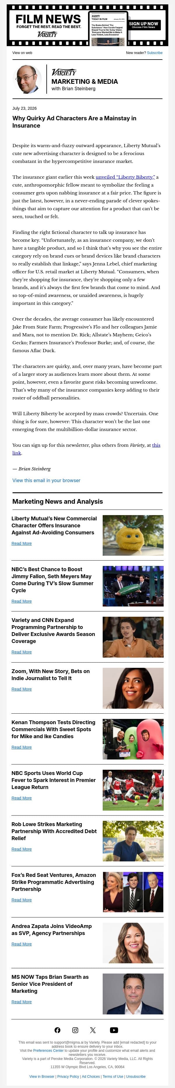 Marketing & Media Newsletter: The Newest Quirky Ad Character Pitching Insurance; Kenan Thompson Directs Candy Commercial; Zoom Taps Indie Journo to Tell Story; Late-Night's Latest; and More email from Variety screenshot