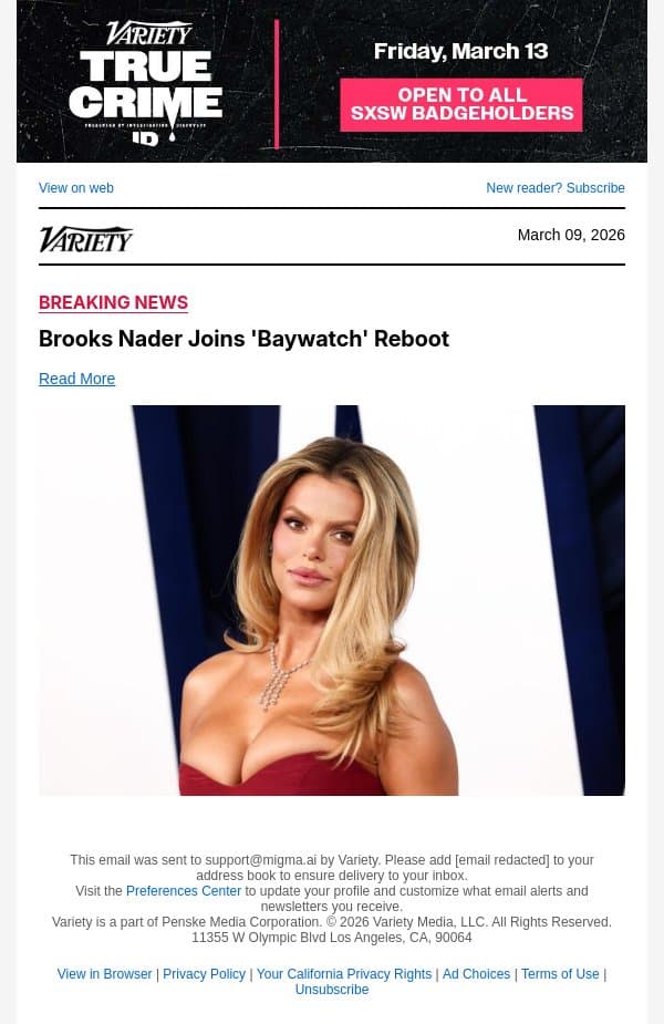 Brooks Nader Joins 'Baywatch' Reboot email from Variety screenshot