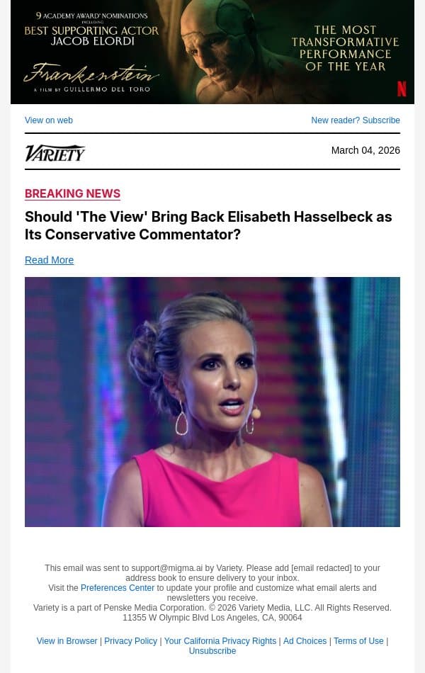 Should 'The View' Bring Back Elisabeth Hasselbeck as Its Conservative Commentator? email from Variety screenshot