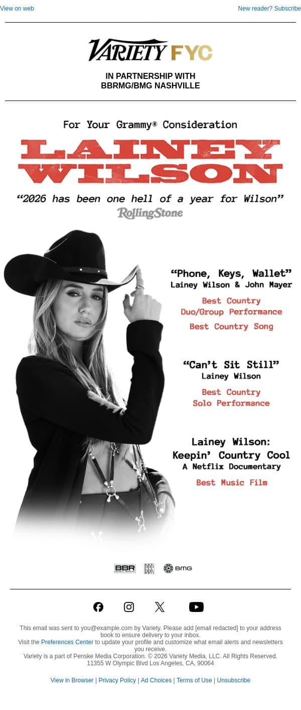 FOR YOUR GRAMMY® CONSIDERATION: LAINEY WILSON email from Variety screenshot