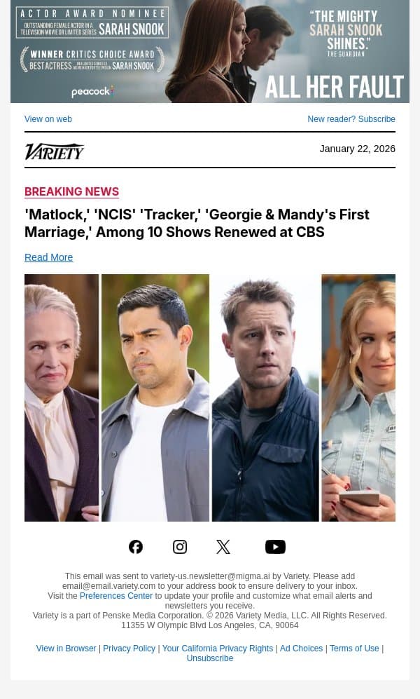 'Matlock,' 'NCIS' 'Tracker,' 'Georgie and Mandy's First Marriage,' Among 10 Shows Renewed at CBS email from Variety screenshot