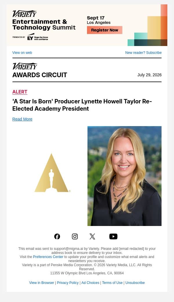 'A Star Is Born' Producer Lynette Howell Taylor Re-Elected Academy President email from Variety screenshot