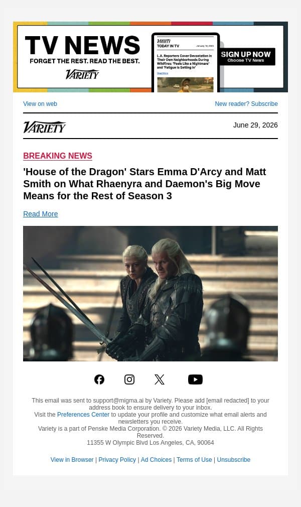 'House of the Dragon' Stars Emma D'Arcy and Matt Smith on What Rhaenyra and Daemon's Big Move Means for the Rest of Season 3 email from Variety screenshot