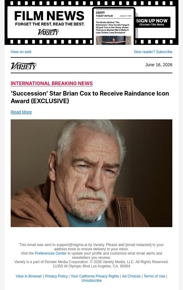 ‘Succession’ Star Brian Cox to Receive Raindance Icon Award (EXCLUSIVE) email from Variety screenshot