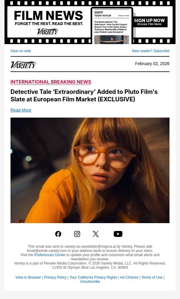 Detective Tale ‘Extraordinary’ Added to Pluto Film's Slate at European Film Market (EXCLUSIVE) email from Variety screenshot