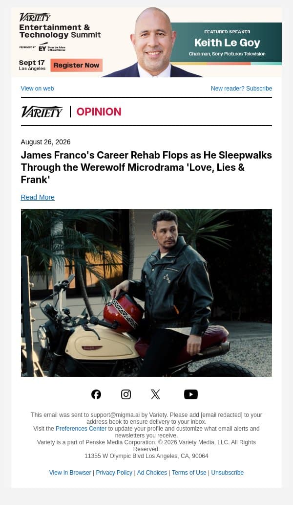 James Franco's Career Rehab Flops as He Sleepwalks Through the Werewolf Microdrama 'Love, Lies & Frank' email from Variety screenshot