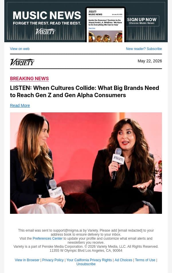 LISTEN: When Cultures Collide: What Big Brands Need to Reach Gen Z and Gen Alpha Consumers email from Variety screenshot
