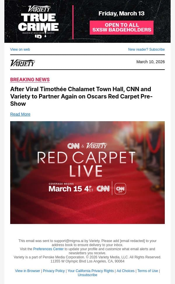 After Viral Timothée Chalamet Town Hall, CNN and Variety to Partner Again on Oscars Red Carpet Pre-Show email from Variety screenshot
