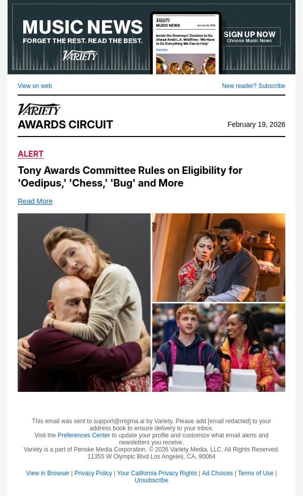 Tony Awards Committee Rules on Eligibility for 'Oedipus,' 'Chess,' 'Bug' and More email from Variety screenshot